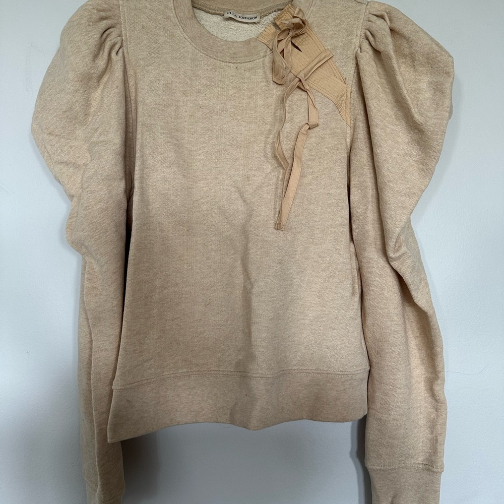 Ulla Johnson Tan Crew Neck Sweater with Puff Sleeves